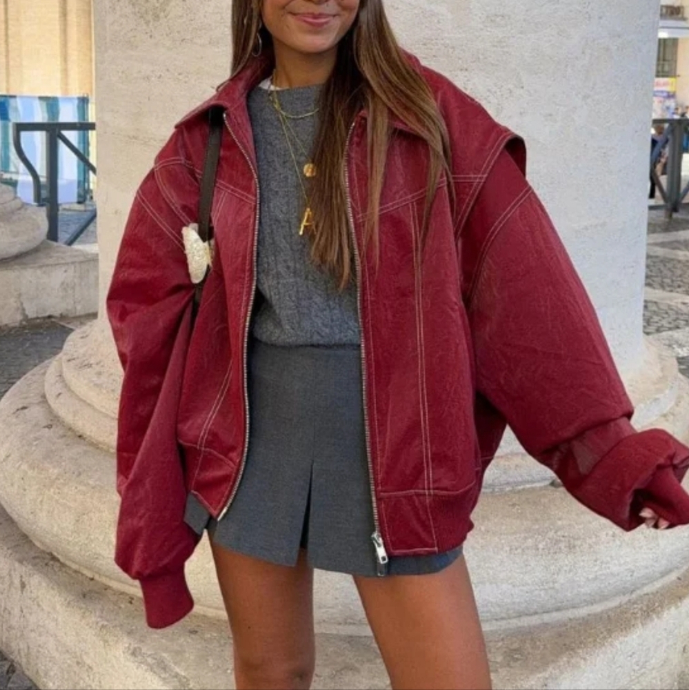 Vintage Solid Leather Spliced Cropped Zipper Coat For Women Casual Fashion